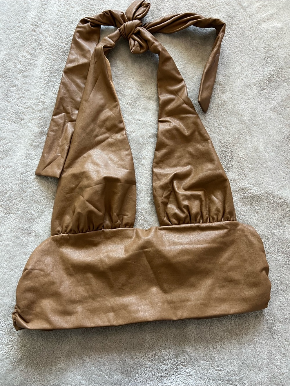 Faux Leather Halter Crop Top — Camel Brown